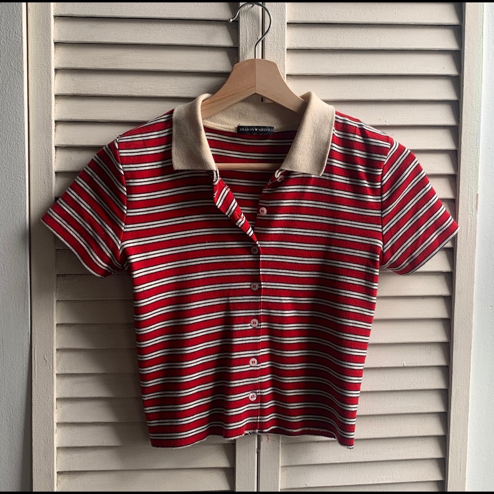 Brandy Melville red & navy striped short sleeve cropped polo